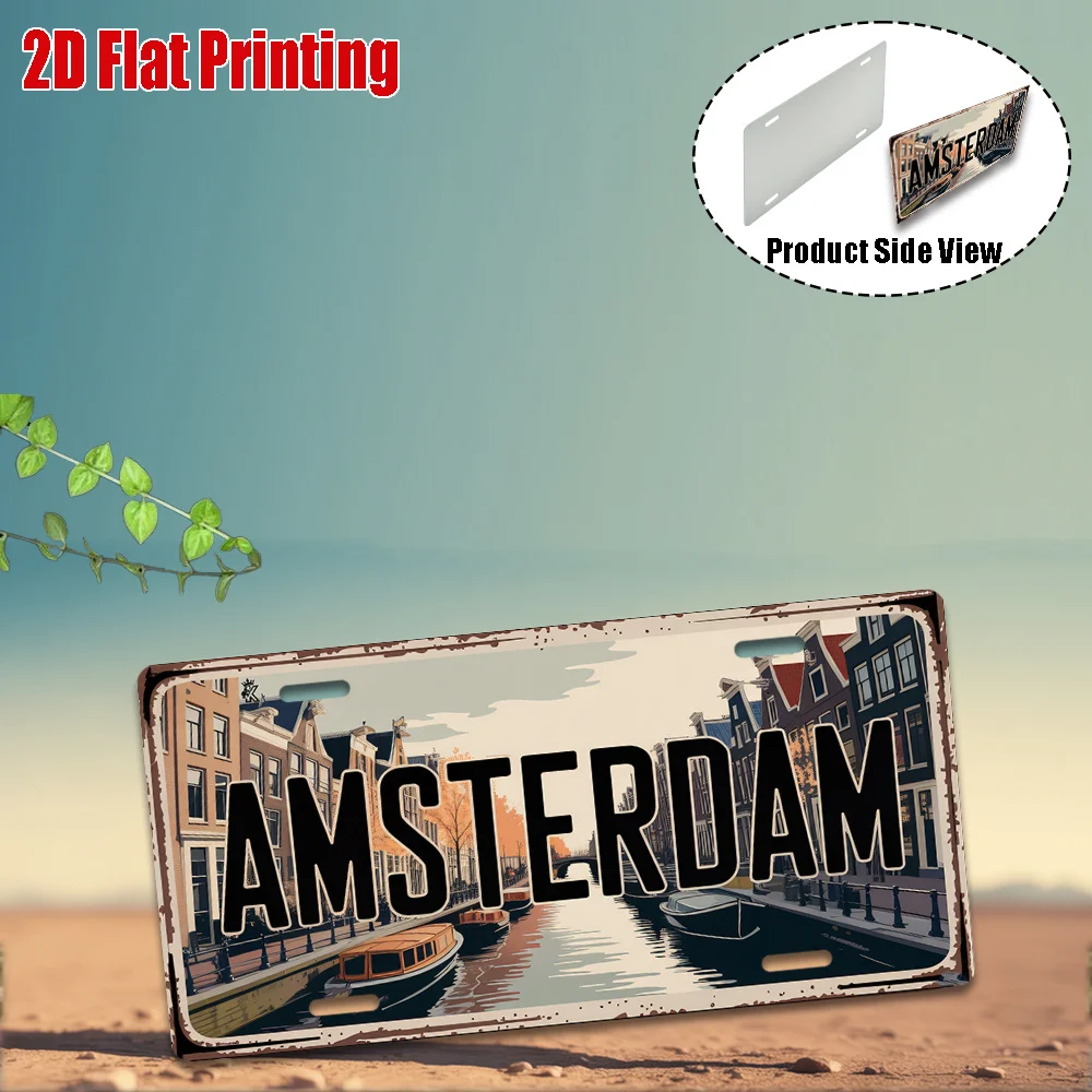 2D Flat - Vintage Metal Plaque of Amsterdam 2D Flat, 11.8inch x 5.9inch Aluminum Wall Art with Canal and Red Design, Durable /In