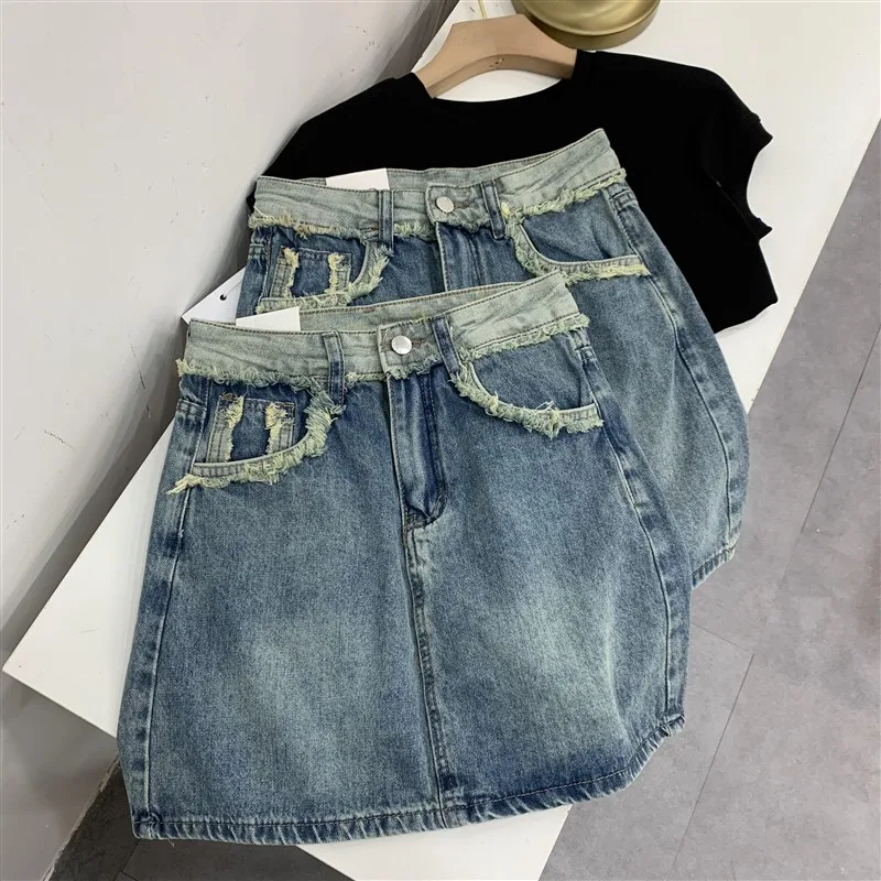 

Retro Tassel Splicing Denim Skirt Women's plus Size High Waist Slim A-Line ort Skirt Spring Autumn New Sle