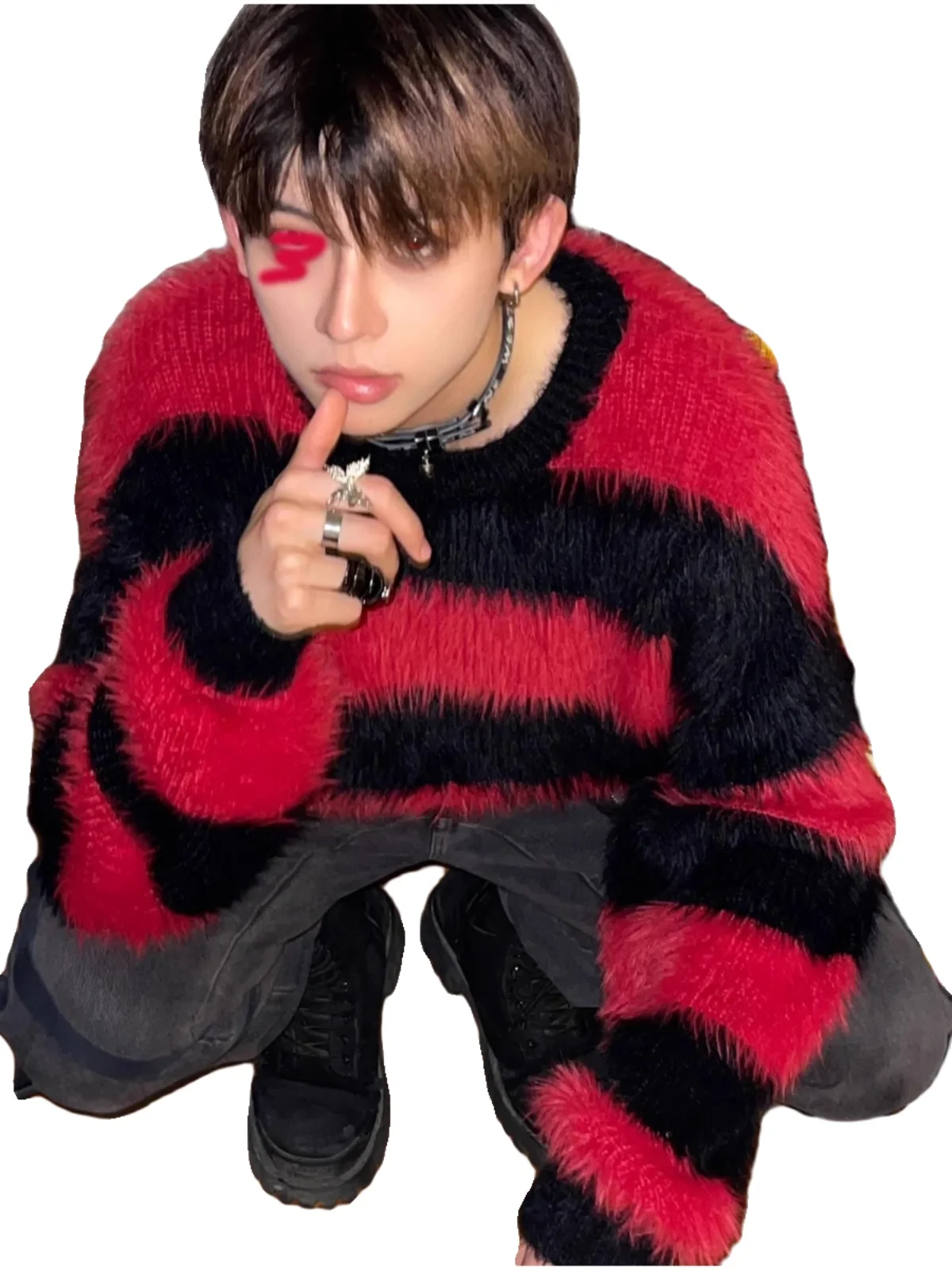 Red And Bla Striped Color Blo Sea  Wool Men's Lazy Sle High End Knitted Sweater Winter Fake  Fur Couple's Jaet - Image 2