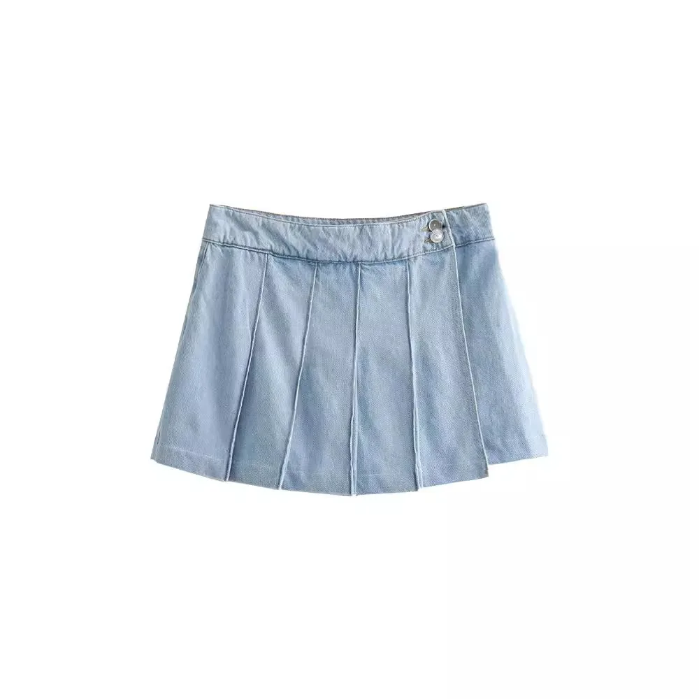 

New Women Fashion Denim Box Pleat Mini Skirt 2024 Woman High Street High Waist Side Zipper Female Chic Skirt