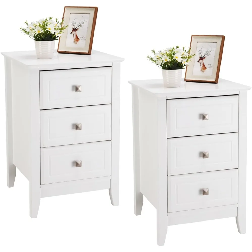 

Upgraded White Night Stands for Bedrooms Set of 2, Modern Nightstand with 3 Drawers, Wooden Bed Side Table for Small Spaces, Co