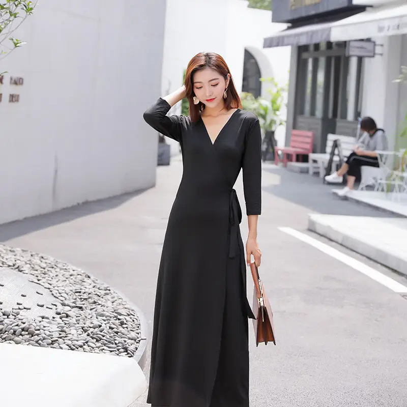 Women\'s Black One-Piece Maxi Dress with Open Front Waist Belt, Stylish, Monochromatic, Slimming Effect, Elegant