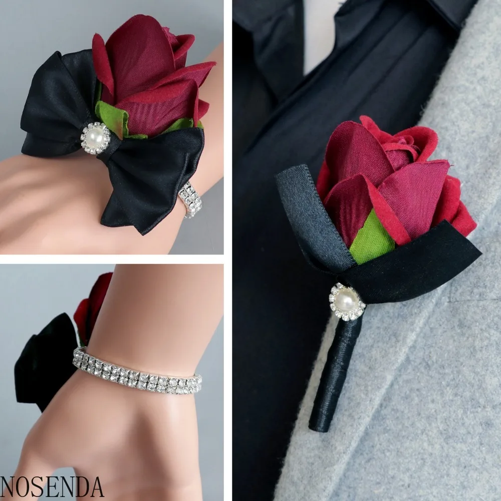 Merah Marun Bunga Mawar Boutonniere Korsase Pernikahan Aksesoris Bunga untuk Pengantin Pria Boutonniere dan Wanita Mutiara Pergelangan Tangan Korsase