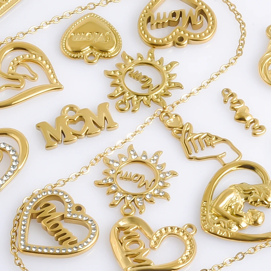6pcs No Fade Real Gold Plated Sun Heart Mom Pendant Stainless Steel Mother's Day Charm For Jewelry Making Bulk Handmade Material