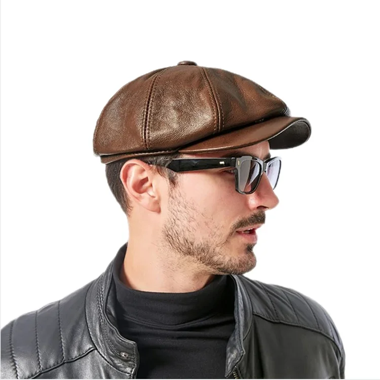 Retro Brown Hats Men Spring/Winter 100% Real Leather Warm Cap Male Beret Painter Boina Cowhide Octagonal Casquette High Quality