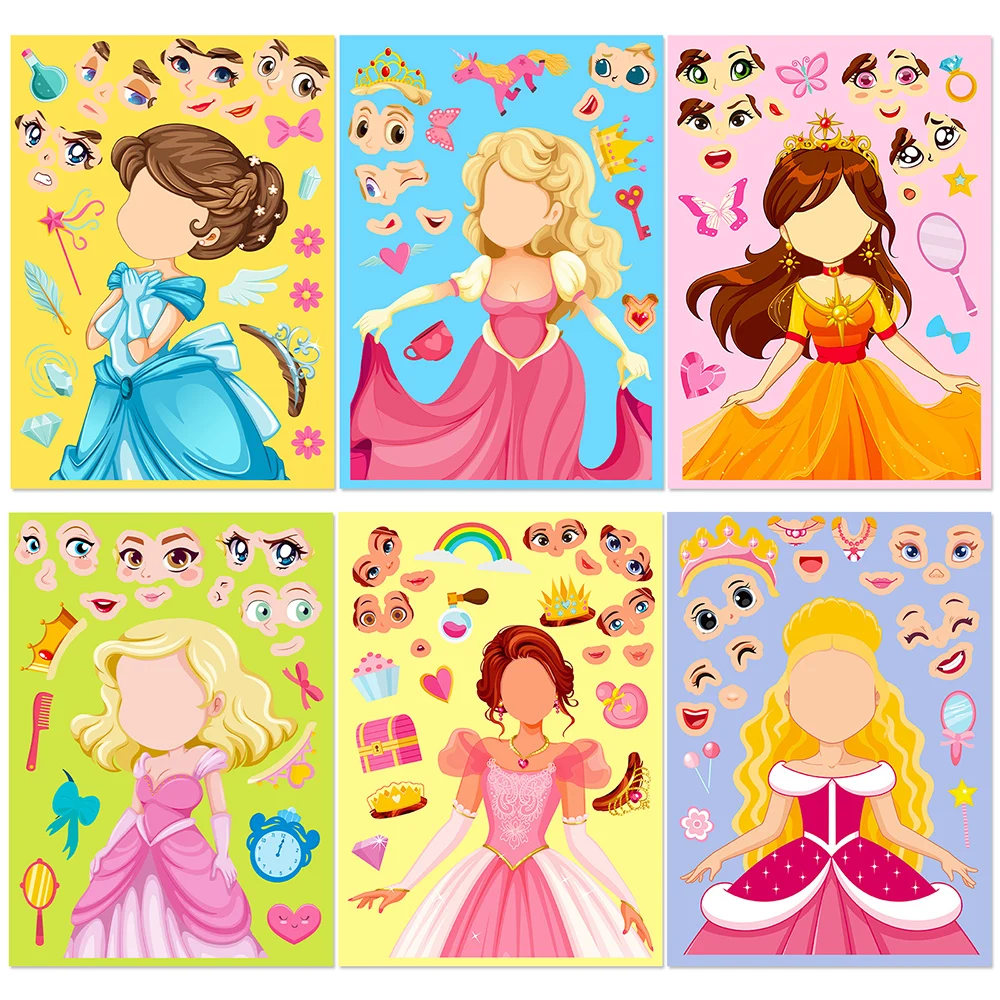 

6/12Sheets Cute Princess Children Puzzle Stickers Make-a-Face Funny Assemble Jigsaw DIY Cartoon Sticker Kids Educational Toys