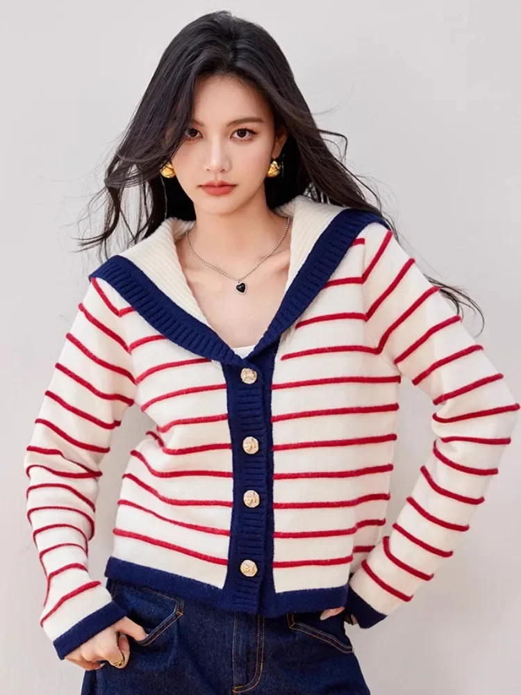 2024 New Sailor Collar Single-breasted Knitted Cardigan Women Lapel Striped Sweater Autumn Fashion Casual Coat Sweet Korean Tops