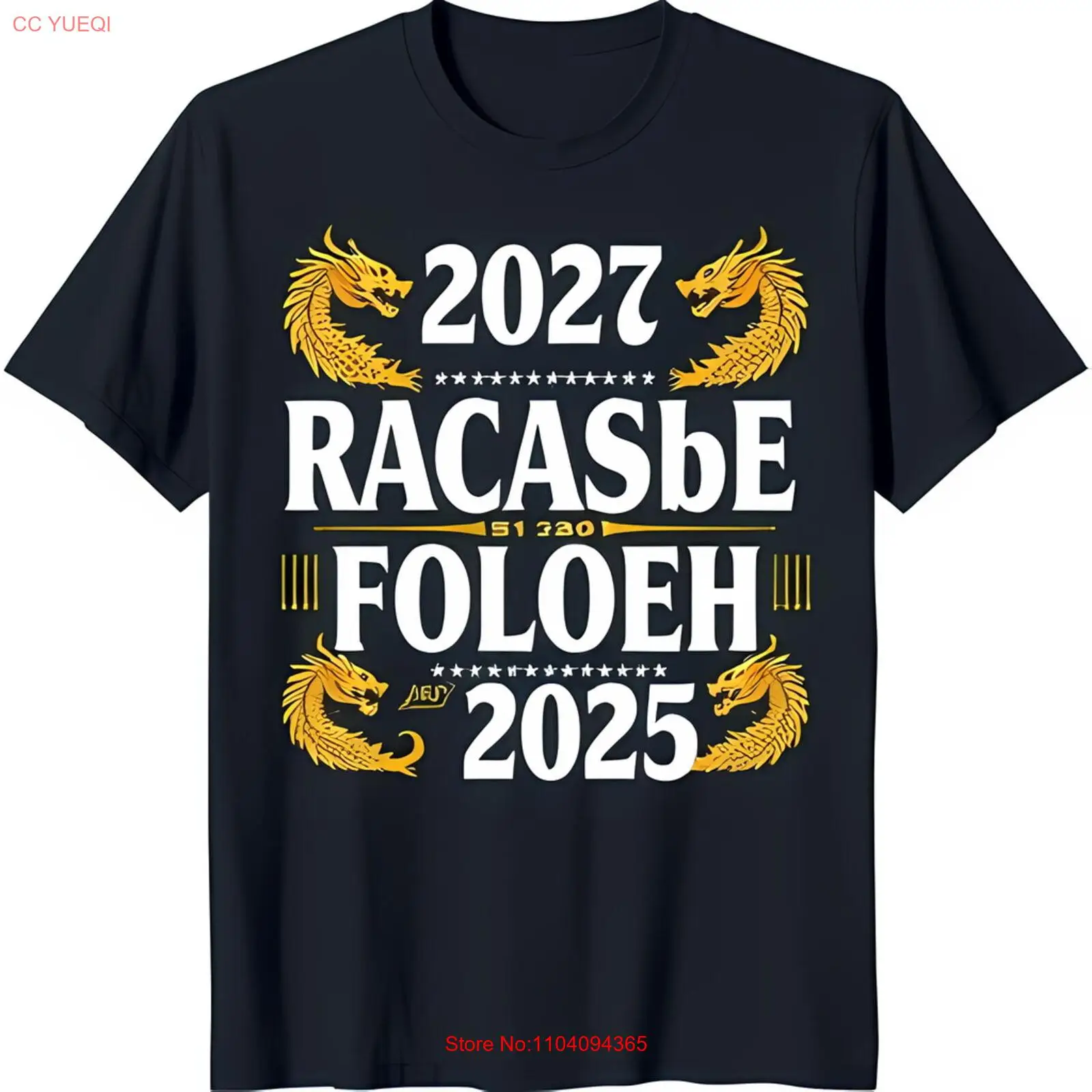 

Черная футболка с рисунком із золотыми драконами «RACASBE» и «FOLOEH», дизайн 2025 и 2027