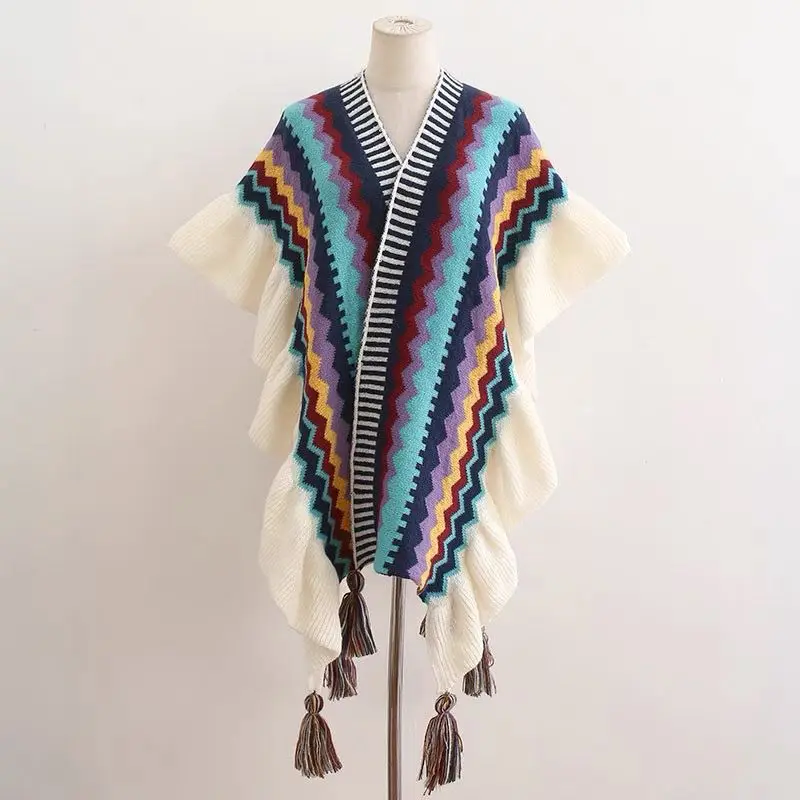 Winter Capes Cardigan V Neck Lady Capes Ethnic Autumn Cloak Knitting Bohemian Tassel Lady Poncho Colorful Women Knitting Poncho