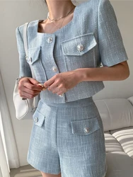 Vintage Tweed Matching Sets Short Sleeve Single-breasted Crop Top Shots Two Piece Set Women Thin Woolen Jacket Short Pants Suits