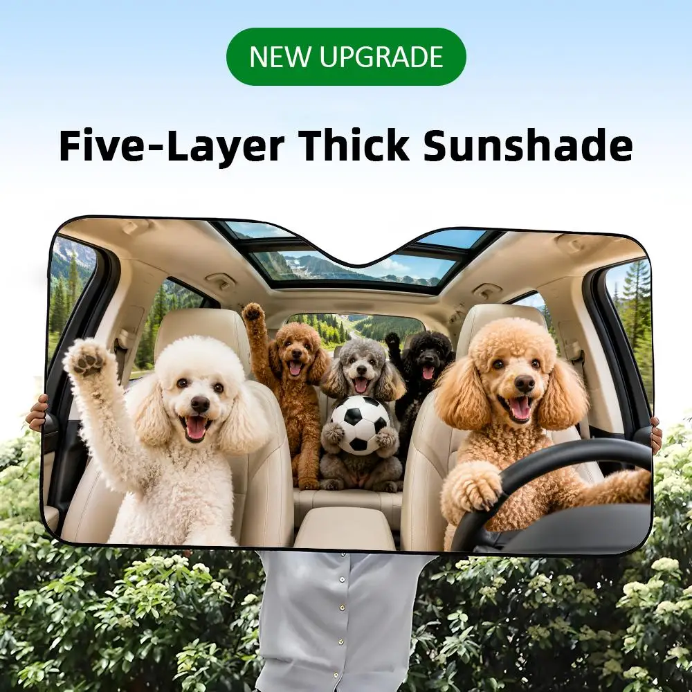 A five-layer thick car windshield sunshade featuring a funny graphic print of Poodle dogs celebrating with a soccer ball inside a vehicle.