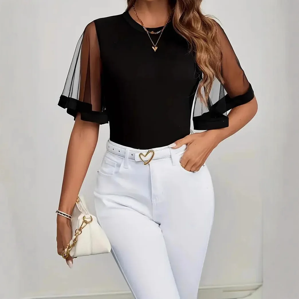 

2026 Spring and Summer New Casual Mesh Splicing Transparent Horn Sleeve Women's T-shirt