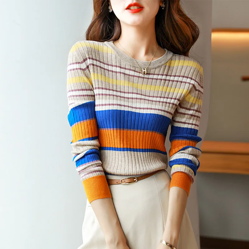 Spring Autumn Chic Casual Long Sleeve Woman Striped Sweater Rainbow Female Cute Harajuku Knitted garment Streetwear