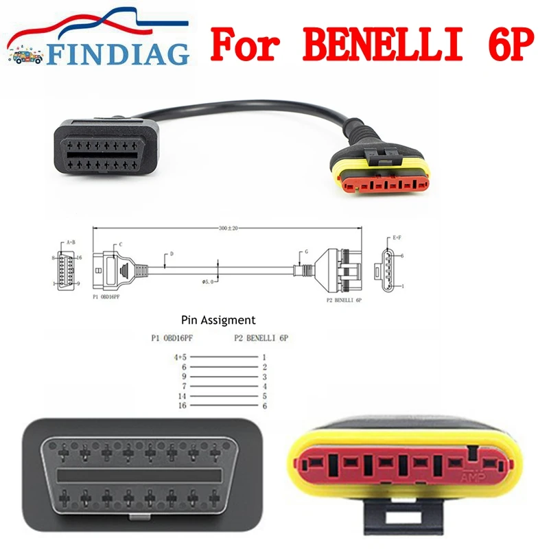 

For Benelli 6 Pin Motorcycle Diagnostic Cable Motorbike To 16 Pin OBD2 Adapter Connector TRE1130K TRE899K TNT1130