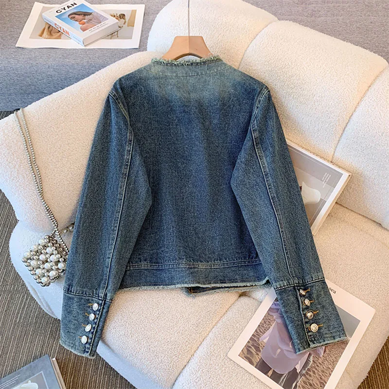 Y2K Denim Jacket for Women Spring Autumn 2024 New Heavy Industry Beading Jeans Coat Fashion O-Neck Bomber Short Outerwear Female