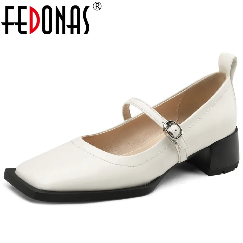 

FEDONAS Spring Summer Vintage Concise Women Pumps Genuine Leather Square Toe Thick Heels Mary Janes Shoes Woman Office Ladies