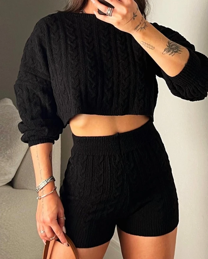 2 Piece Set Women Autumn Winter Crew Neck Long Sleeve Cable Knit Crop Sweater Pullover High Waist Shorts Tracksuits Outfits