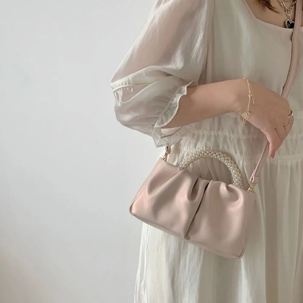 Bolso de mano de princesa de PU para mujer, bolso de mano de estilo coreano, bolso cruzado con asa de perlas, monederos pequeños, bolso de nube plegable