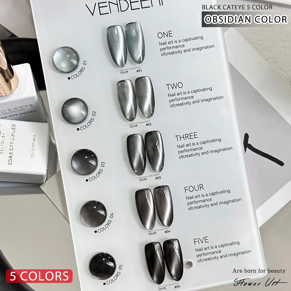 Vendeeni 5 Farben/Set Schwarzer Kristall-Katzenaugen-Gel-Nagellack Magnetischer UV-Soak-Off-Gel-Lack Obsidian-Katzenaugen-Gel mit Display – Detail 11