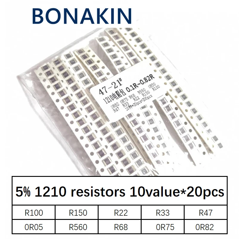 

200PCS 5% 1210 SMD resistors assorted kit set,10 value*20pcs=200pcs 0R82 0R75 R68 R560 0R50 R47 R33 R22 R150 R100