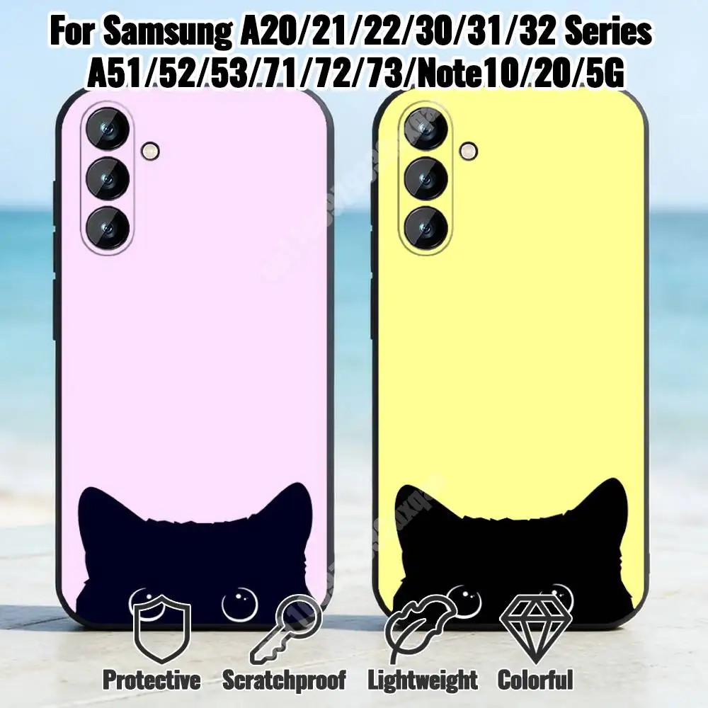 Kawaii Peeking Black Cat Phone Case for Samsung Galaxy A73 72 71 70 A53 52 41 40 A32 31 30 Note20 Note10 Note9