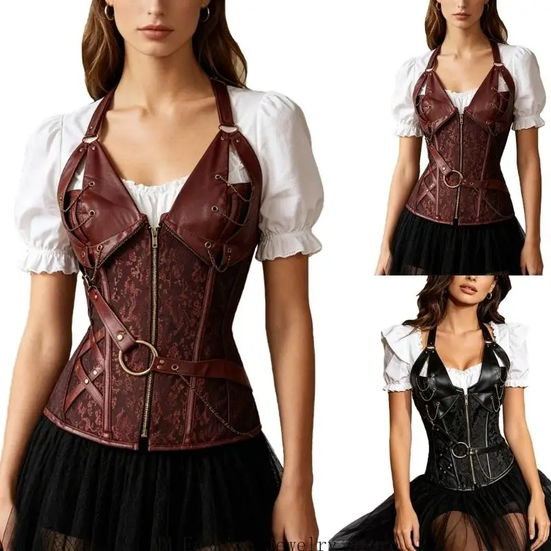 Women's Halloween Punk Rock Faux Leather Corset Bustier Basque D0UB