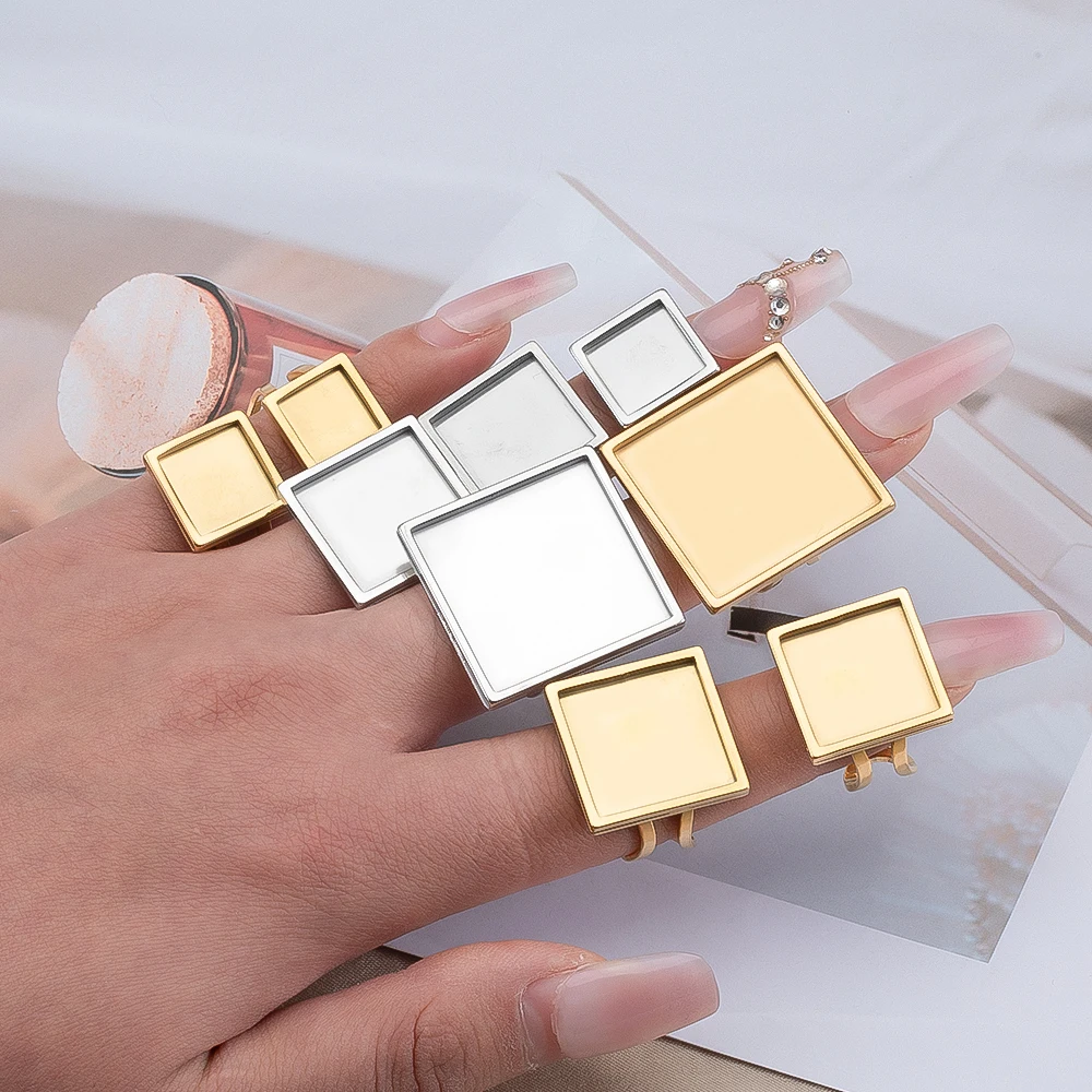 4pcs Punk Square Ring Blank Tray Stainless Steel Adjustable Open Finger Ring Base 10-25mm Cabochon Bezel DIY Men Jewelry Making