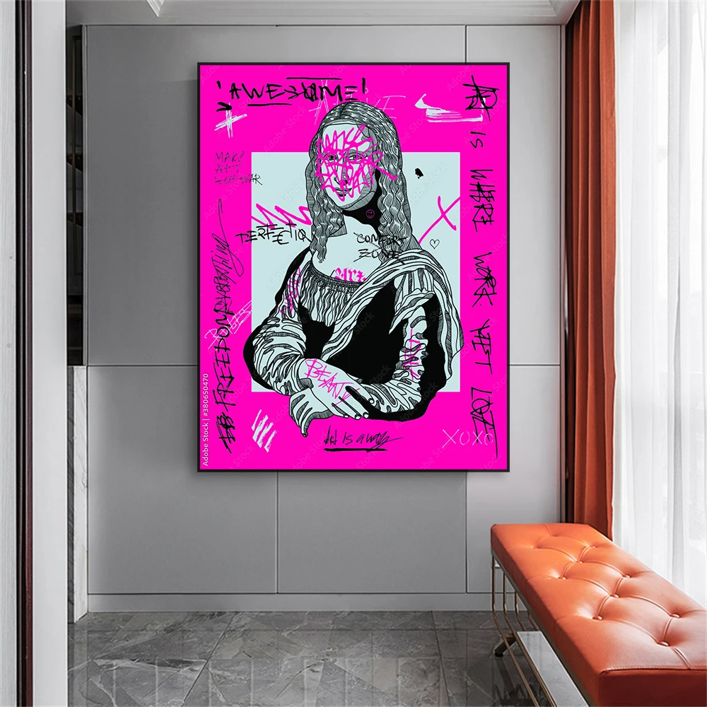 Mona Lisa Graffiti Aesthetic Poster Classic Leonardo da Vinci Alter Art Pop Street Pink Prints Canvas Painting Coffee Bar Decor