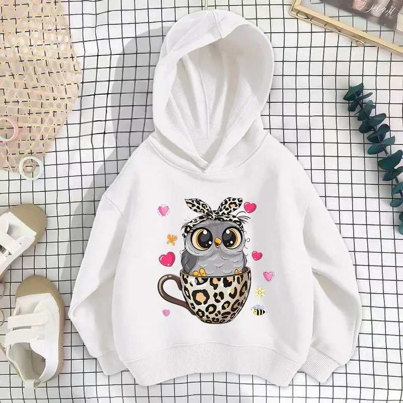 Owl Print Girls Fashion Hoodie Off Shoulder Hoodie Print Loose Long-sleeved Coat New Children's  Sweatshirts  Clothes Sweaters