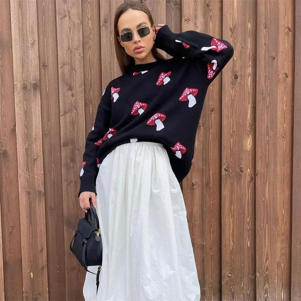 Women\'s Clothing Trend 2024 New Fashion Mushroom Graphic Print Sweater Long Sleeve Plus Size Tops Loose Casual Street Pullovers