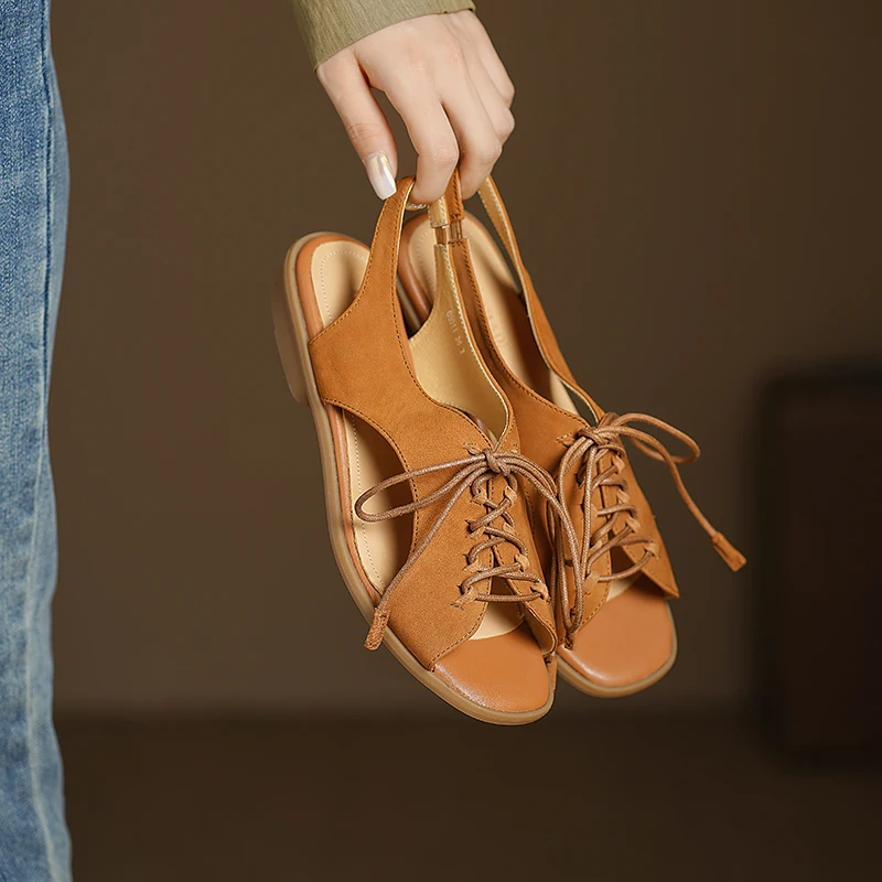 

Genuine Leather Roman Sandals Cross Strap Open Toe Soft Sole Flat Comfort Summer Shoes for Women