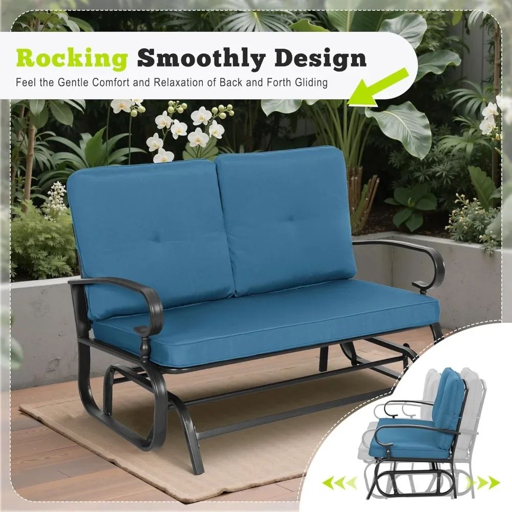 

Outdoor Swing Rocking Chair Patio Bench, Garden Double Seat Patio Steel Frame Chair Set with Cushions, Peacock Blue
