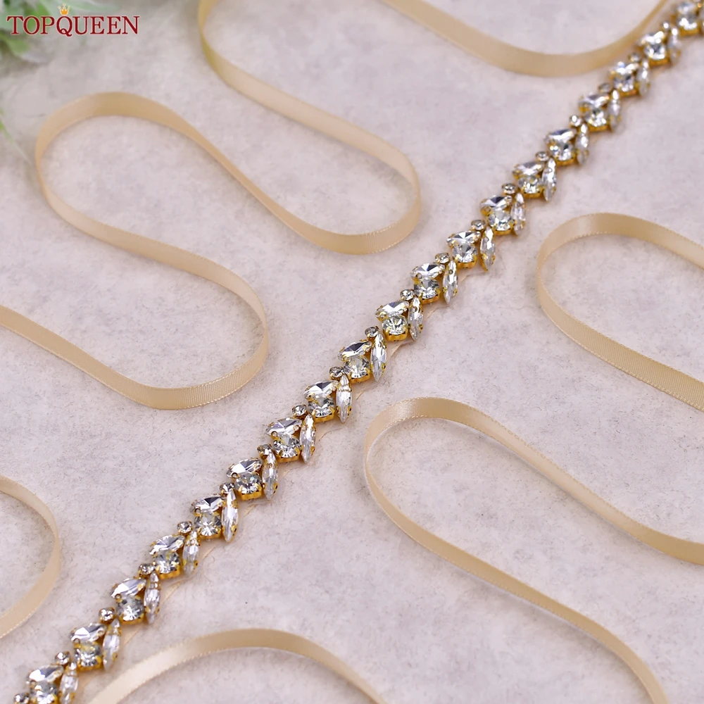 TOPQUEEN Affordable Gold Wedding Belt Long Diamond Bridal Thin Sash Handmade Bridesmaid Waist Chain Wedding Accessories S468