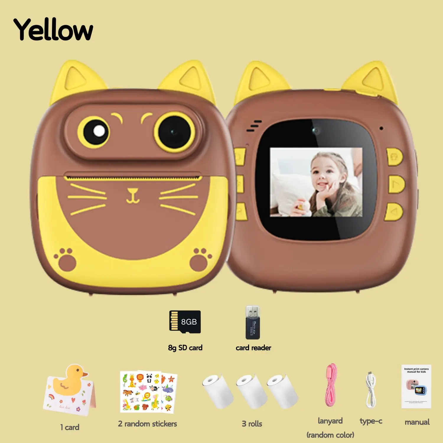 

Cute Kittens Kids Photo Camera Printer with Game Pink Blue Yellow Mini Digital Video Child Instant Print Camera Girls Boys Gift