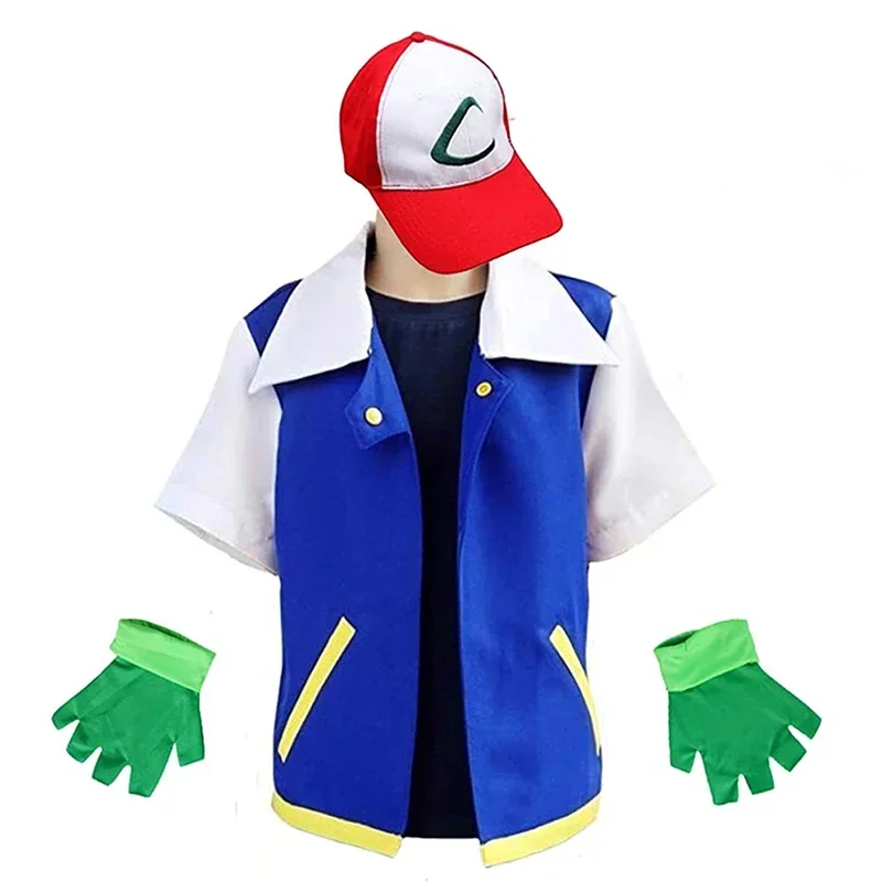 Disfraz de entrenador de Anime para hombre, disfraz de Ash Ketchum para adultos, Cosplay para niñas, Halloween, Mujer, fiesta, chaqueta azul, conjuntos de gorra y guantes