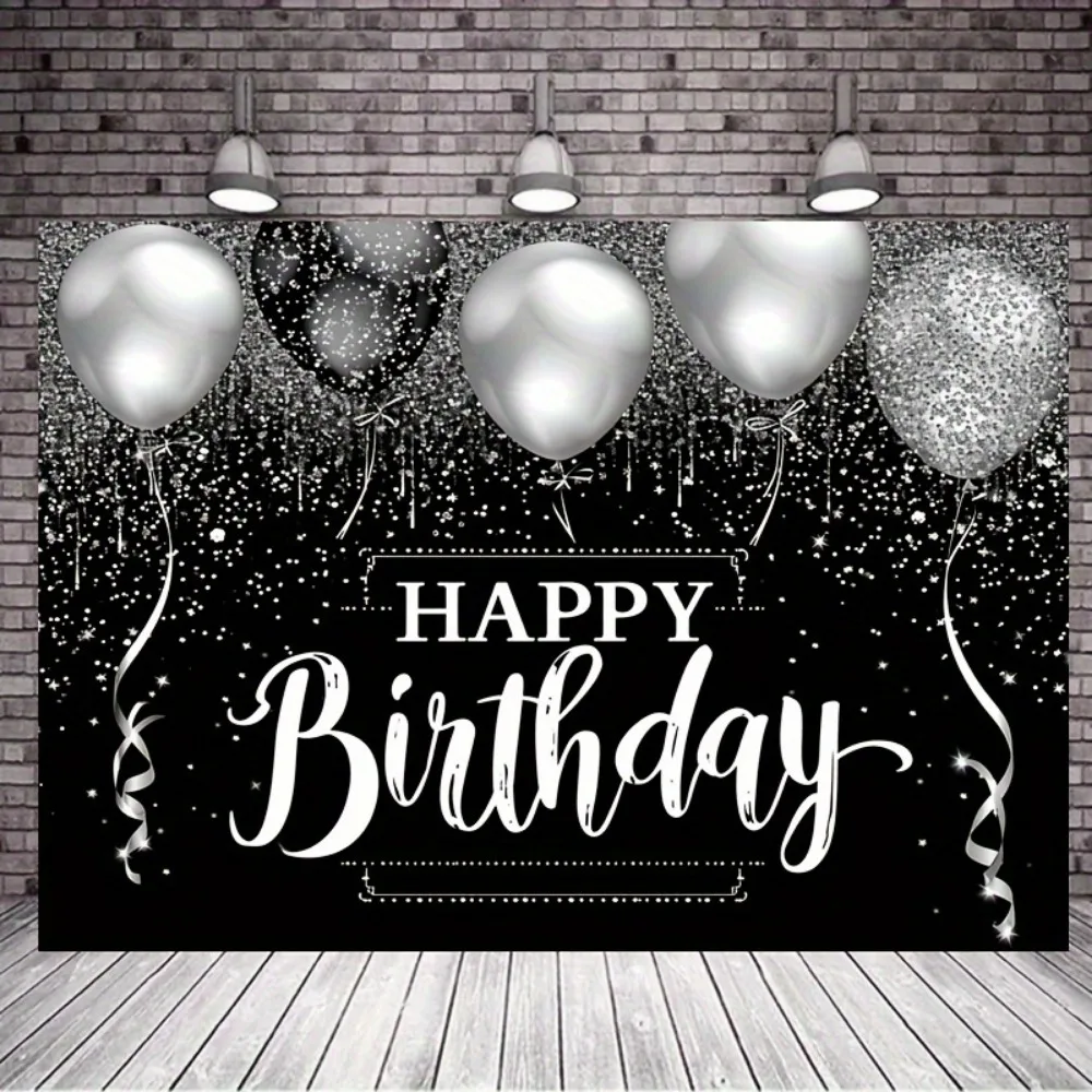 Happy Birthday Backdrop - Black and Silver Glitter Diamond Balloon Photography Background with Shinning Sparkle Effect