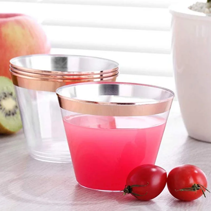 10pcs Disposable Durable Plastic Wine Goblet Cup Gold Rimmed Fancy Glitter pattern Party Wedding Celebration Large Capacity