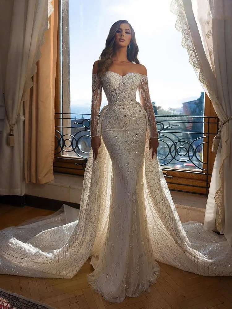 Mermaid Wedding Dress Applqiues Long Sleeves Sweetheart Lace Sequins Detachable Train Crystals Bridal Gowns Vestido De Novia