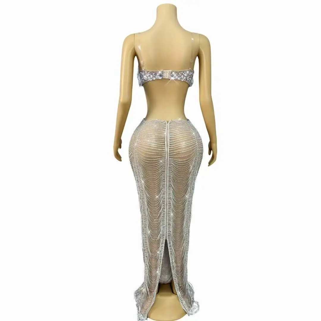 섹시한 스플릿 세트 고급 반짝이는 펜던트 크리스탈 체인 메쉬 드레스 여성 생일 이브닝 파티 가운 레드 카펫 쇼 무대 의상