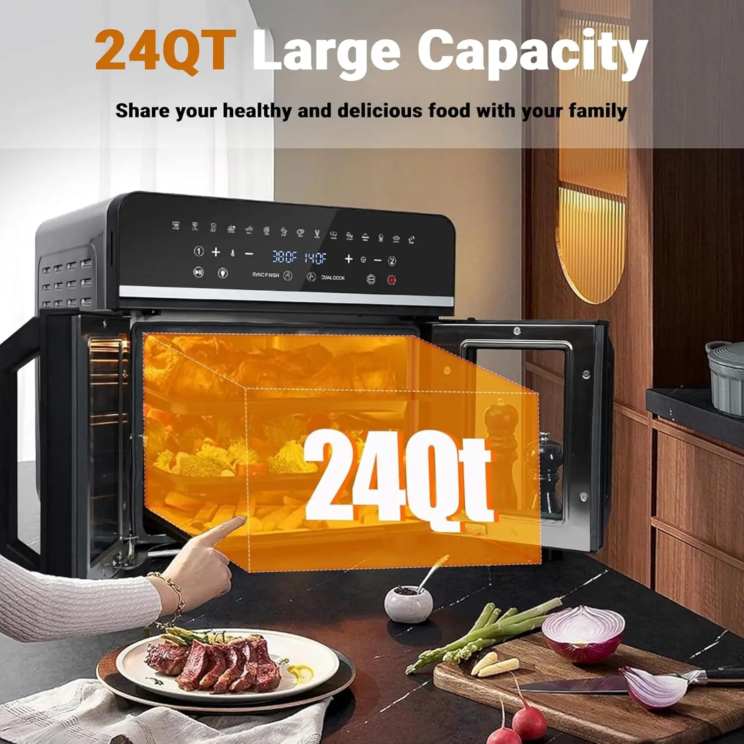 24Qt Large Air Fryer Toaster Oven - 15 Functions, Dual Zone Control, Stainless Steel, 13 Accessories & Cookbook