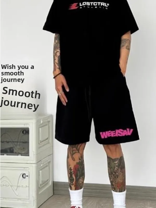 

Большой размер 300-мешочек, американские модные брендовые повседневные брюки из чистого хлопка, летние свободные спортивные брюки средней длины пять четвертей