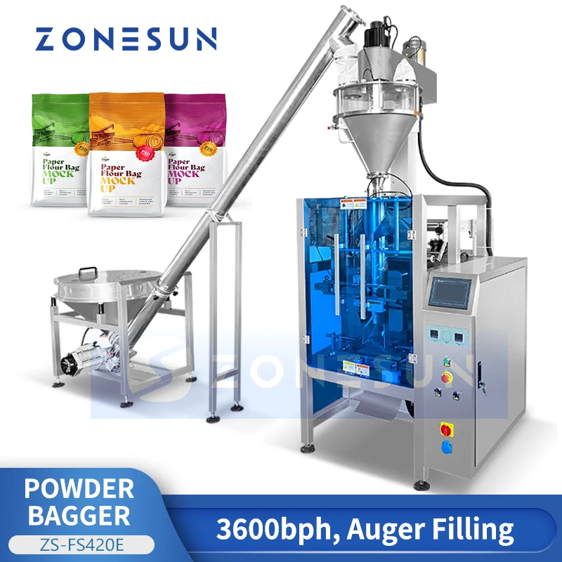 ZONESUN VFFS Powder Bagger Big Pouches Packs Flour Sugar Salt Feeding Elevator Packaging Filling and Sealing Machine ZS-FS420E