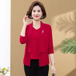 Middle Aged Elderly Women's T-Shirt Top 2026 New Women Fashion Printed Fake Two Piece T-Shirt Spring Autumn Clothing Tshirt