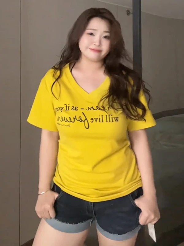

Повседневная желтая футболка больших размеров с V-Ne ort Sve, женская летняя утягивающая талия, универсальный топ для горячих девушек в американском стиле