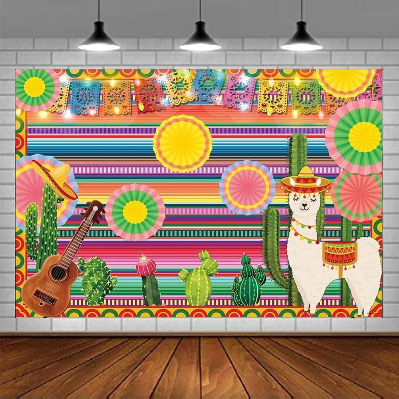 Fiesta Photography Backdrop Mexico Cactus Alpaca Party Background Cinco de Mayo Colorful Stripes Luau Carnival Cake Table Decor