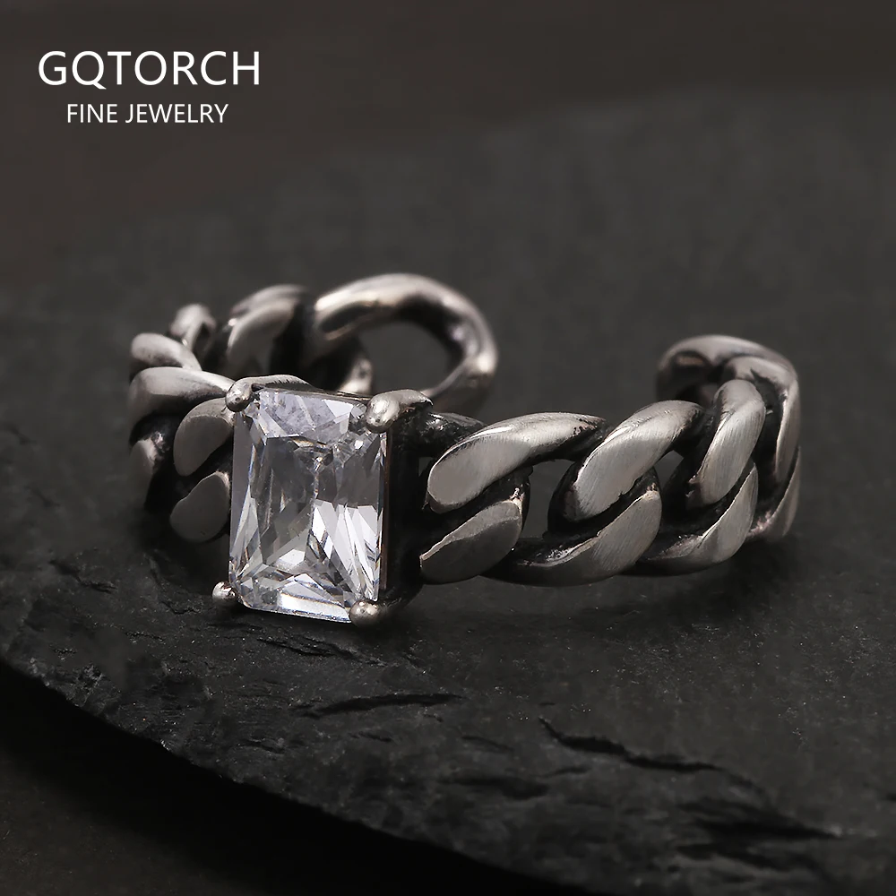 

925 Sterling Silver Twisted Braided Ring with White Zircon Shining Square Shaped Thai Silver Color Retro Vintage Fashion Jewelry