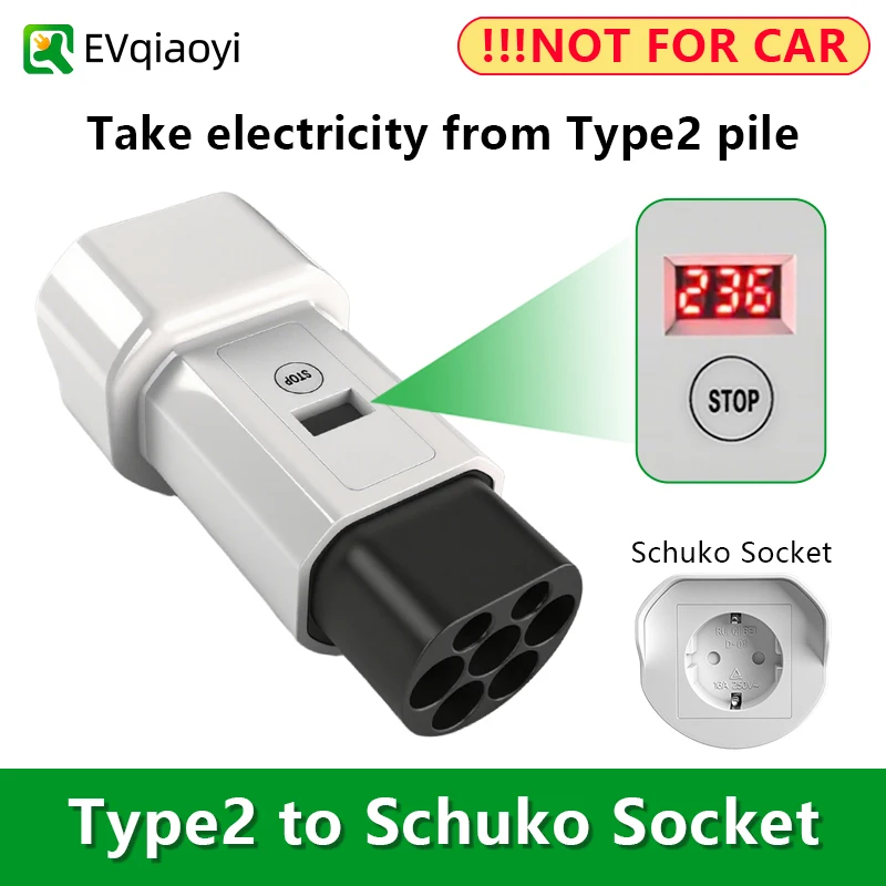 EVqiaoyi Adaptador EV de Type2 para Tomada Schuko : Conversor Type2 para 220V, Plugue Masculino de Descarregamento para Estações de Carregamento IEC 62196-2