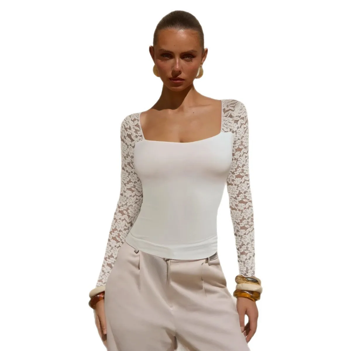 

Индивидуальная европейская и американская трансграничная сексуальная горячая девушка, новая женская кружевная женская футболка с U-образным вырезом, тонкий тонкий топ с длинными рукавами