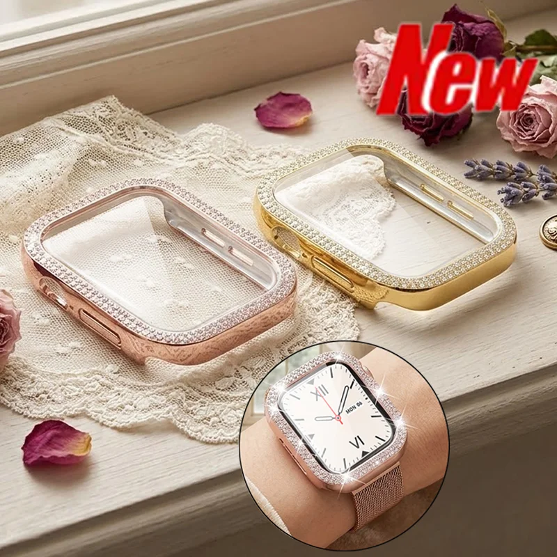 Case + Tempered Glass for Apple Watch Series 12 42/46mm Woman Diamond Shiny Cover for Iwatch S12 46mm 42mm Anti-scratch Bumper