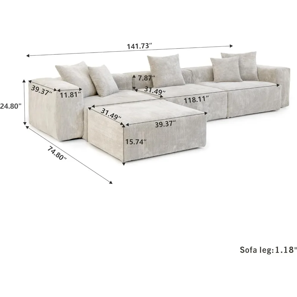 Sectional Couch with 5 Pillows,Luxurious Modular Sectional Couch with Chaise Ottoman,Cushion Covers Removable,Soft Couches